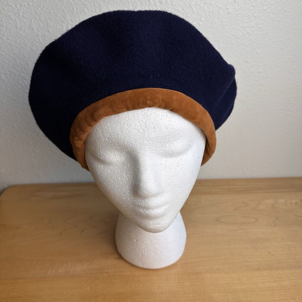 Vintage A. Brod Navy Blue Beret Hat Camel Trim Women's EUC